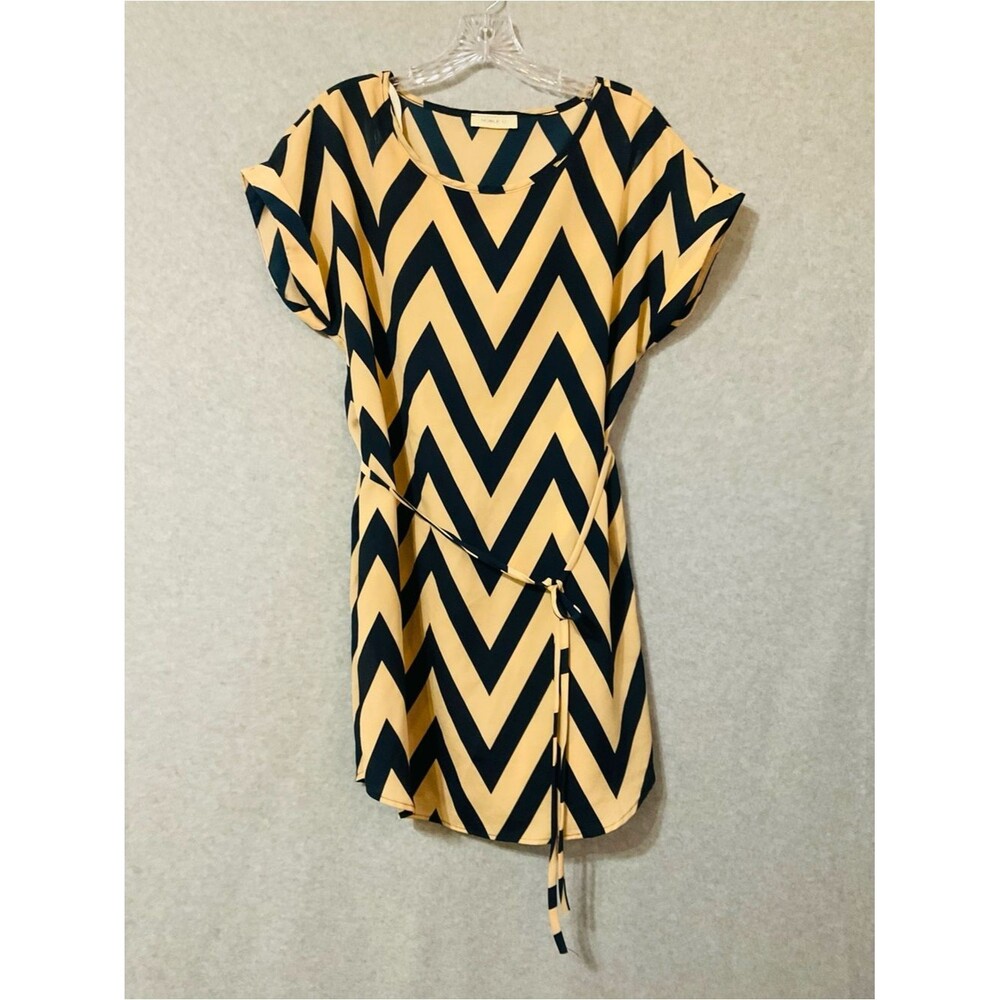 Noble U Navy and Beige Chevron Dress 'TUNIC' with Waist Tie Sz L